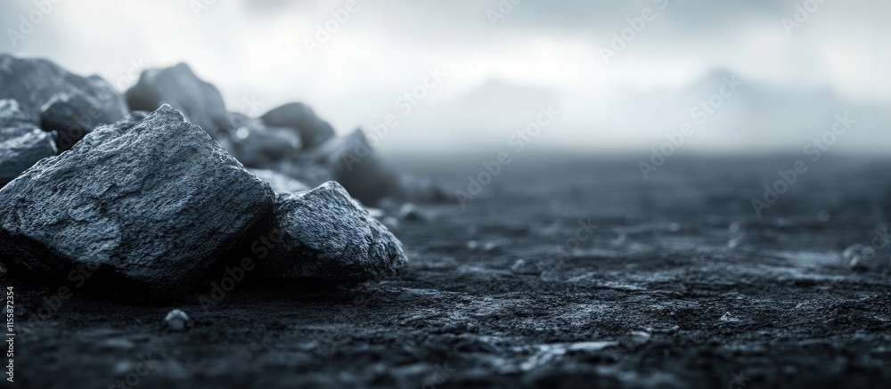 Poster black rocks on dark surface with subtle blurred clouds and sky creating an empty space for overlaid 