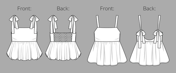 Vector sleeveless top with ruffles fashion CAD, summer woman tank top with frills and shoulder straps technical drawing, template, sketch, flat. Woven fabric blouse flat, front, back view, white color