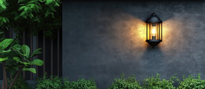 Modern black exterior wall lamp illuminating a stylish porch complementing upscale garden design with lanterns and rustic charm
