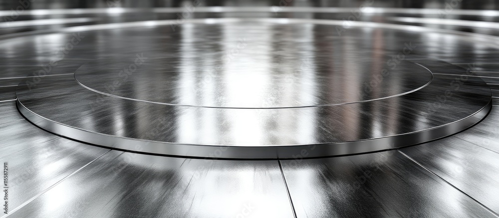 Poster 3D Metallic Circular Stage with Glossy Hexagonal Floor and Empty Space for Text or Product Display in Modern Technology Setting