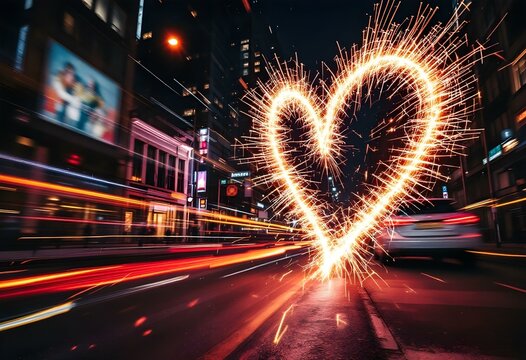 Fireworks in the shape of a heart on motion blur city street background. Light painting and street installation concept. For Valentine's Day. Long exposure cityscape shot for wallpaper, poster, card