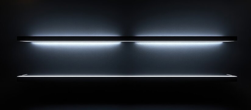 Black illuminated shelves with empty space for customizable text and modern minimalist design against a dark background
