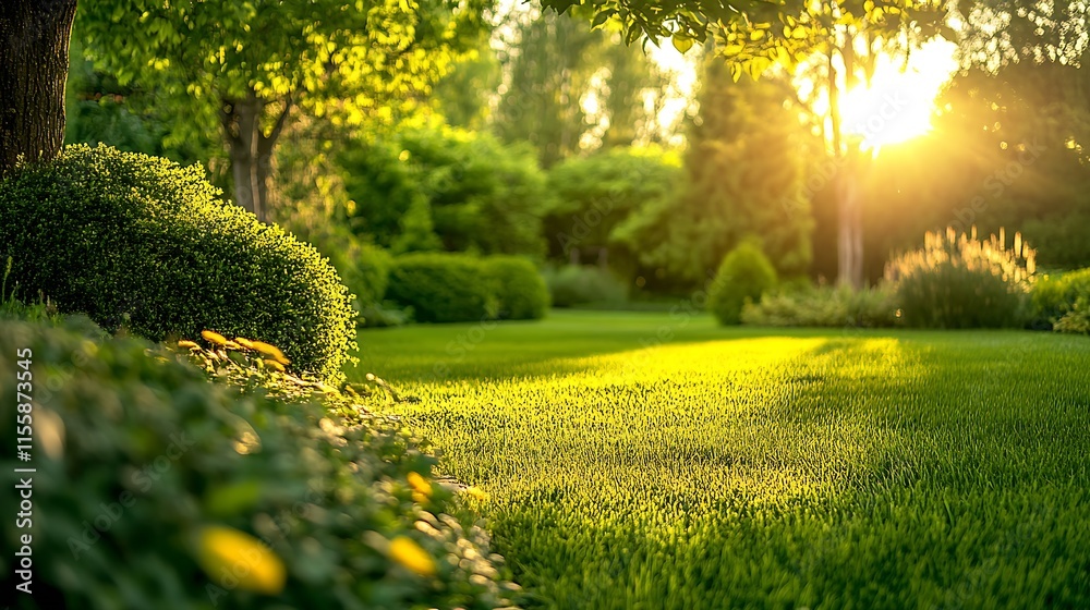 Poster lush green garden with sunlight filtering through trees and bushes : generative ai