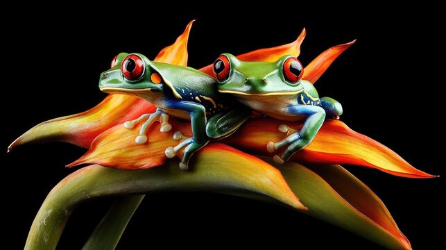 Vibrant Red-Eyed Tree Frogs Resting on Heliconia Bloom in Costa Rica's Lush Tropical Wilderness