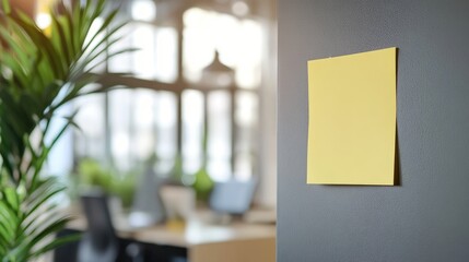 Bright office setting with a close-up of a blank sticky note on a wall creating space for notes or reminders in a professional environment.