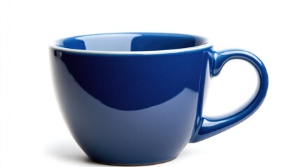 Blue ceramic coffee cup with a smooth surface and blank space for text on a white background. Perfect for branding or advertising purposes.