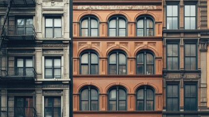 Fototapeta premium Architectural detail of vintage buildings showcasing ornate windows and textures with ample blank space for text or design elements.