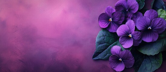 Close up of vibrant purple violet flowers and lush green leaves on a soft gradient background...