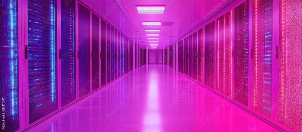 Poster close up of a high-tech server room with illuminated server racks showcasing modern technology and s