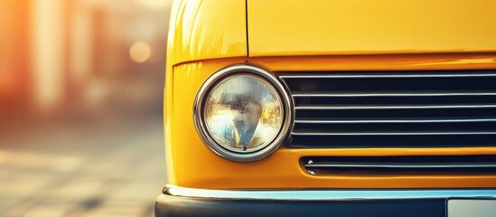 Close up of a shiny yellow vintage van showcasing the front bumper and headlight with ample blank space for text or branding