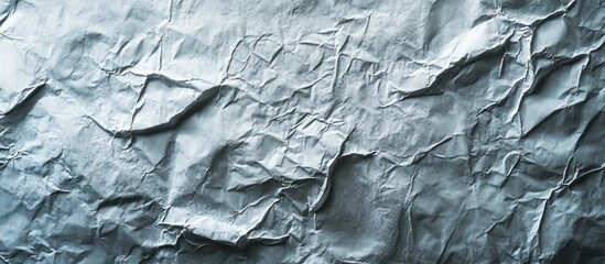 Crumpled silver foil texture background with ample empty space for customizable text and graphics in design projects