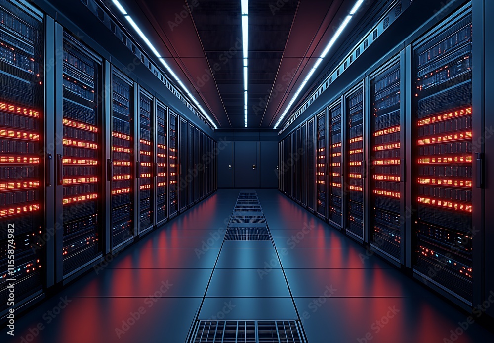 Fototapete advanced server room with modern data infrastructure and red led indicators : generative ai