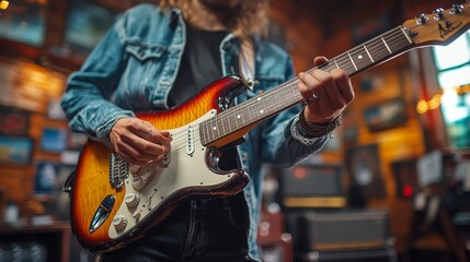 Fototapeta premium Performing guitarist with vintage instrument in a cozy music studio during daytime