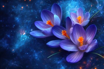 Crocus Blooms Against a Dark Blue Cosmic Background, Ethereal and Glowing Floral Art