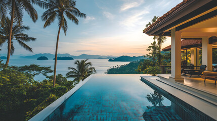 Fototapeta premium Luxurious infinity pool overlooking a tranquil bay. Tropical villa with breathtaking ocean views.