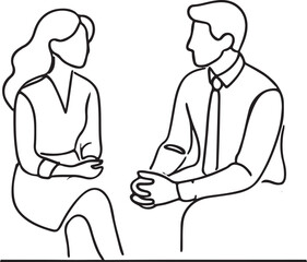 Simple Line Art of Two Individuals Engaged in Conversation on White Background