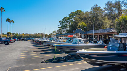 Obraz premium Boats for sale or rental in a sunny parking lot outside a boat sports store under a clear blue sky