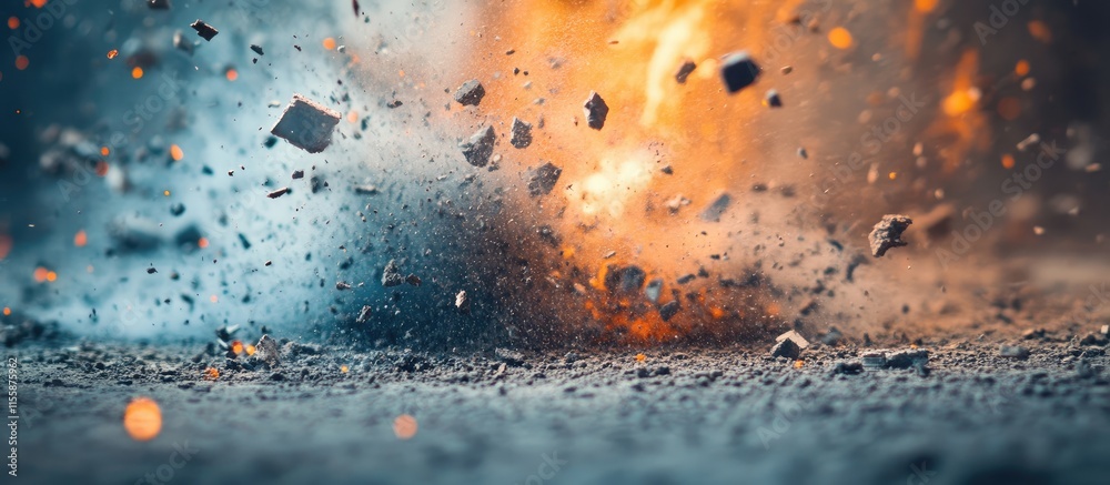 Poster dynamic abstract explosion debris on hard surface with empty space for text and creative design elem