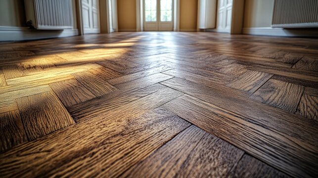 Polished herringbone parquet wood floor, sunlight reflecting on the surface.