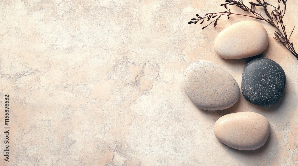 Poster warm colored pebbles on soft background creating a relaxing atmosphere with space for text placement