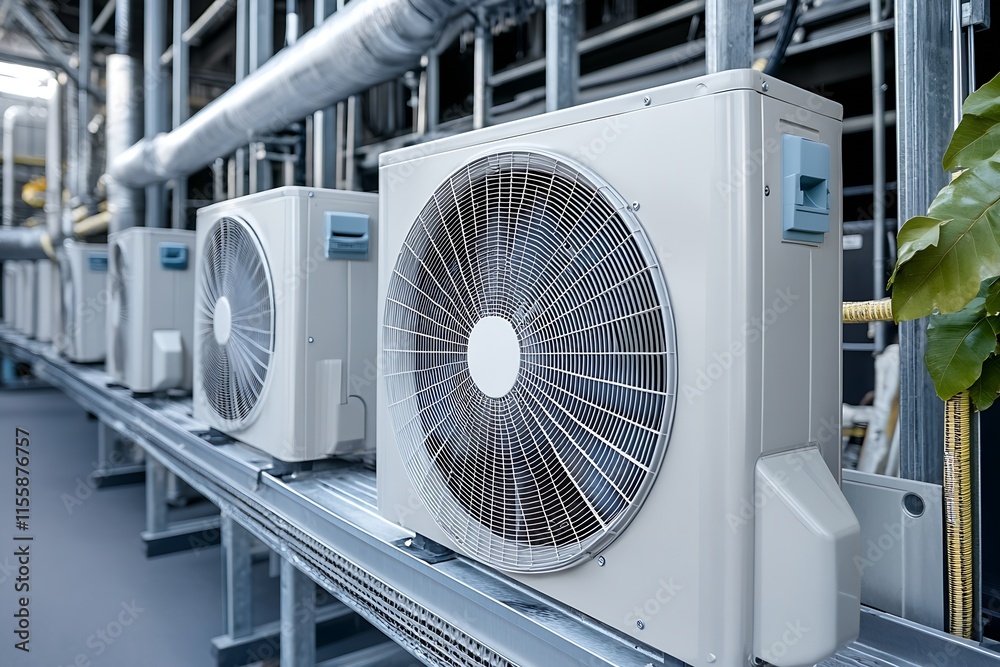 Poster row of modern air conditioning units in industrial complex for climate control : generative ai