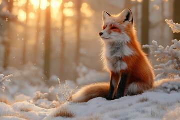Fototapeta premium Majestic Red Fox in a Frosty Winter Landscape.Close-Up of a Fox in a Snowy Natural Setting