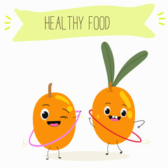 Sea buckthorn, funny berry, fruit cute cheerful characters. Vector hand drawn illistration.