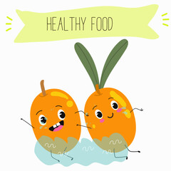 Sea buckthorn, funny berry, fruit cute cheerful characters. Vector hand drawn illistration.