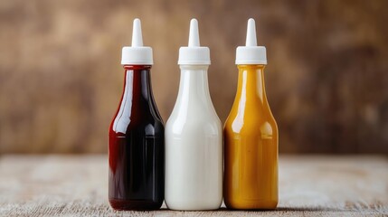 Assorted Condiment Bottles Ketchup Mustard and Mayonnaise on a Wooden Surface with a Rustic Background