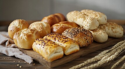 Assorted freshly baked breads with wheat ears displayed on a rustic wooden surface showcasing texture and variety in baking.