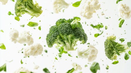 Fresh broccoli and cauliflower vegetables floating mid-air on a clean white background creating a vibrant healthy food concept