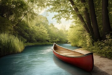 Red canoe rests on peaceful riverbank surrounded by lush greenery during golden hour