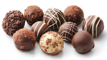 Assorted gourmet chocolate truffles elegantly arranged with rich cocoa and decorative drizzles on a white background