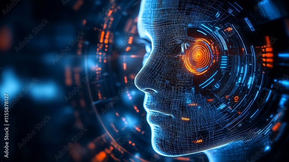 Poster digital face with futuristic orange blue neural network overlay : generative ai