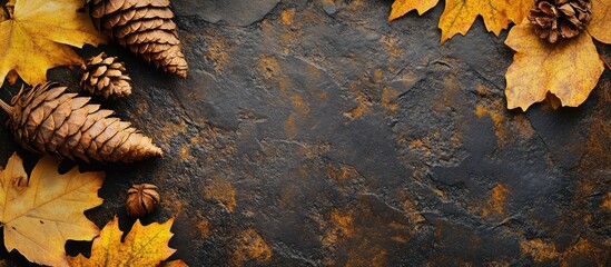 Autumn flat lay with pine cones and vibrant leaves on a textured background perfect for seasonal greetings or announcements
