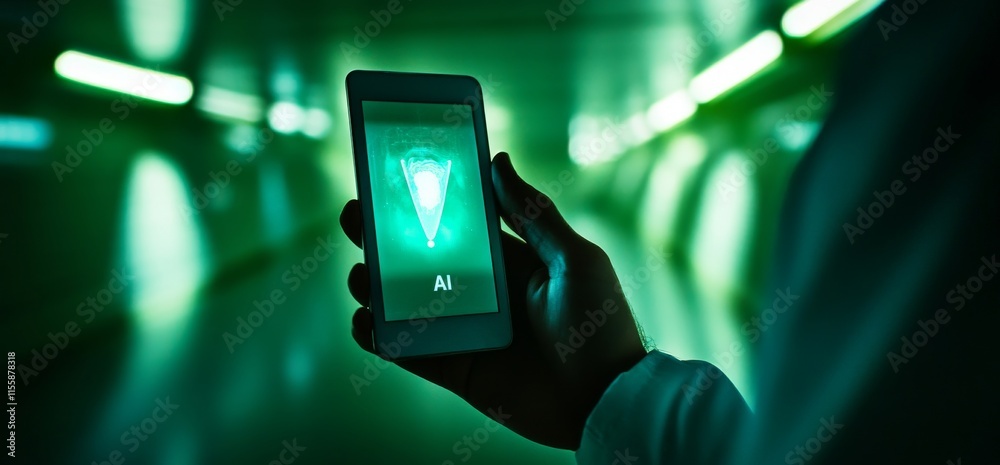 Poster within a futuristic business context, a businessman interacts with an ai stock management system, co