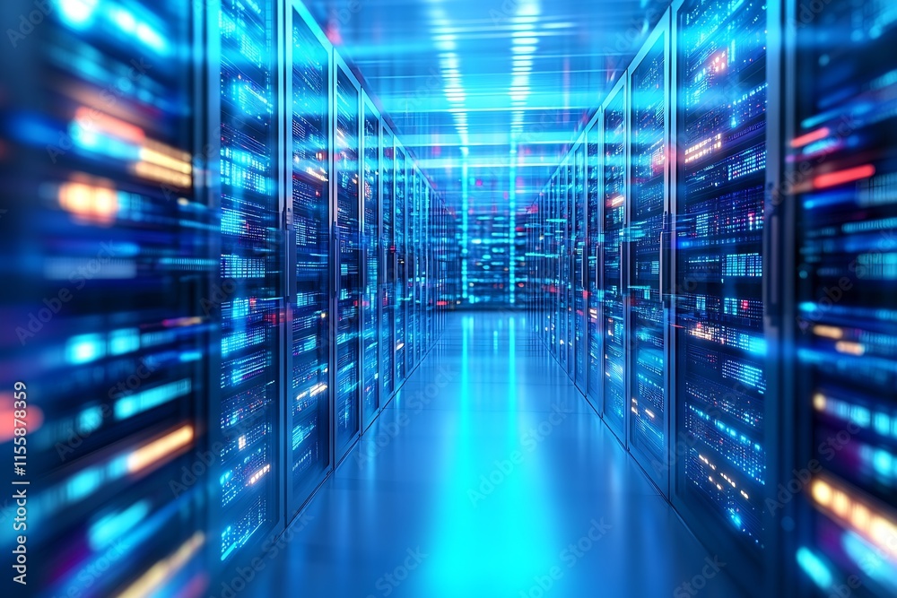 Poster Futuristic Data Center Corridor with Glowing LED Servers and Digital Hues : Generative AI