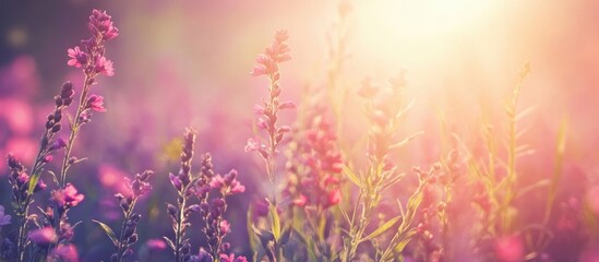 Vibrant wildflowers in a sunlit summer meadow creating a serene backdrop ideal for wallpapers or work environments with empty text space