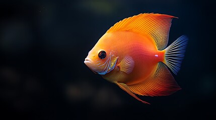 Generate an image of an orange discus fish swimming through dark, shadowy water