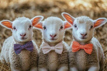Fototapeta premium Charming Lambs Sporting Bowties on the Farm with Room for Text