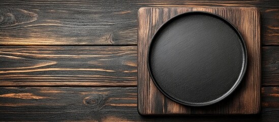 Elegant black dish on rustic wooden board showcasing ample empty space for text or branding in a stylish dining context.