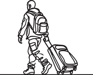 Clean and Elegant Line Drawing of a Traveler with a Suitcase