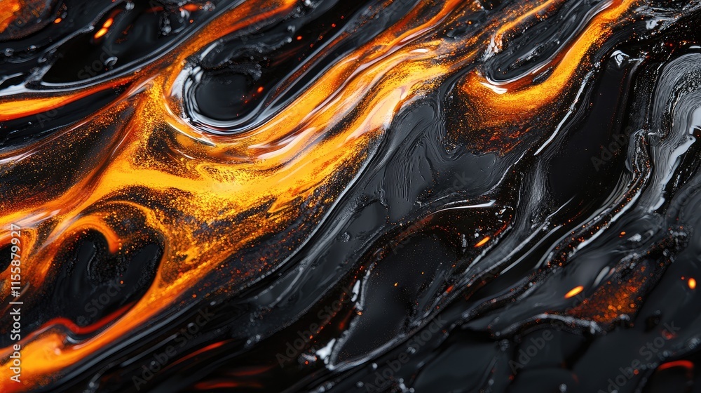 Poster high viscosity obsidian liquid texture with flowing patterns and space for text overlay in vibrant b