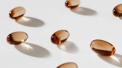 Generate an image showing fish oil capsules with omega-3, EPA, and DHA on a white background