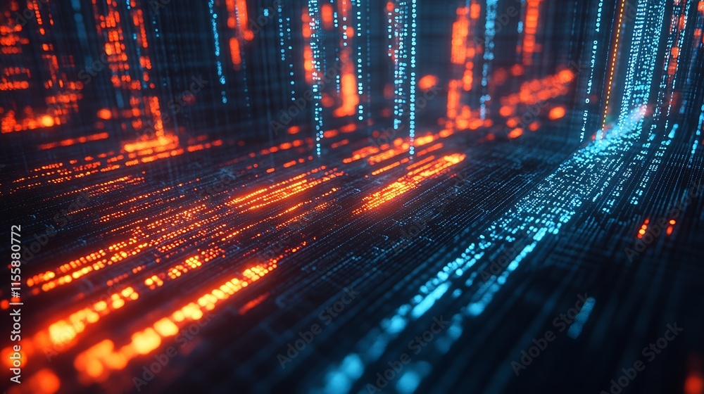 Poster Futuristic Digital Data Stream Network in Blue and Orange Neon Light : Generative AI