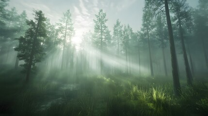 Sunbeams Illuminate Misty Forest Path