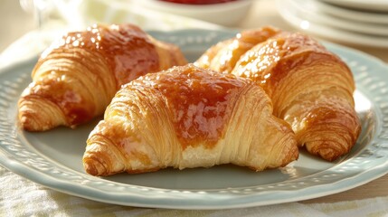 Assorted Croissants Glazed with Jam on a Pale Plate Perfect for Breakfast or Brunch Showcasing Sunlit Dreamy Textures and Warming Colors