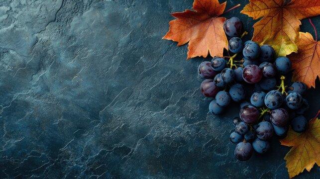 Fresh red grapes with autumn leaves on dark textured background ideal for food and beverage advertising or promotional material