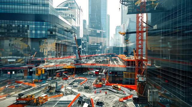 A bustling city street with heavy traffic flows between towering buildings, Double depiction of a bustling construction zone and a futuristic city layout