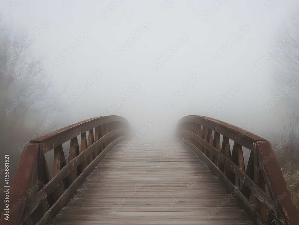 Poster a serene wooden bridge disappearing into a thick layer of fog in a mystical landscape evoking a sens